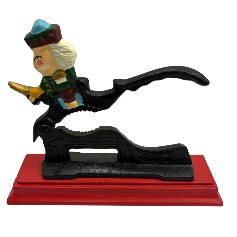 Vintage Cast Iron Soldier Nutcracker Mechanical Lever Action on Red‎ Wood Base